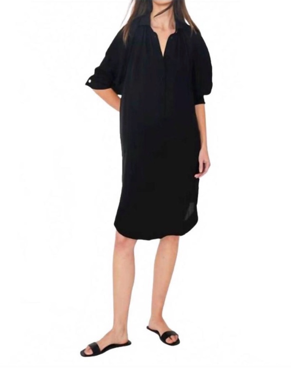 KULE Madrid 100% Silk Black Long Sleeve Button-Up Dress